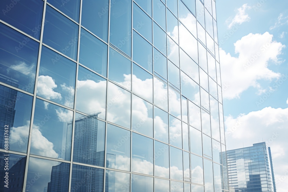 Poster a stunning image capturing the reflection of a plane in the windows of a building. perfect for aviat