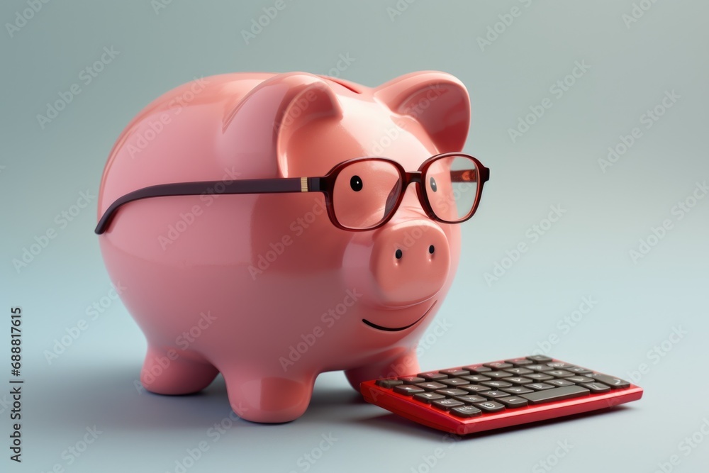 Poster a pink piggy bank with glasses sitting next to a calculator. this image can be used to illustrate fi
