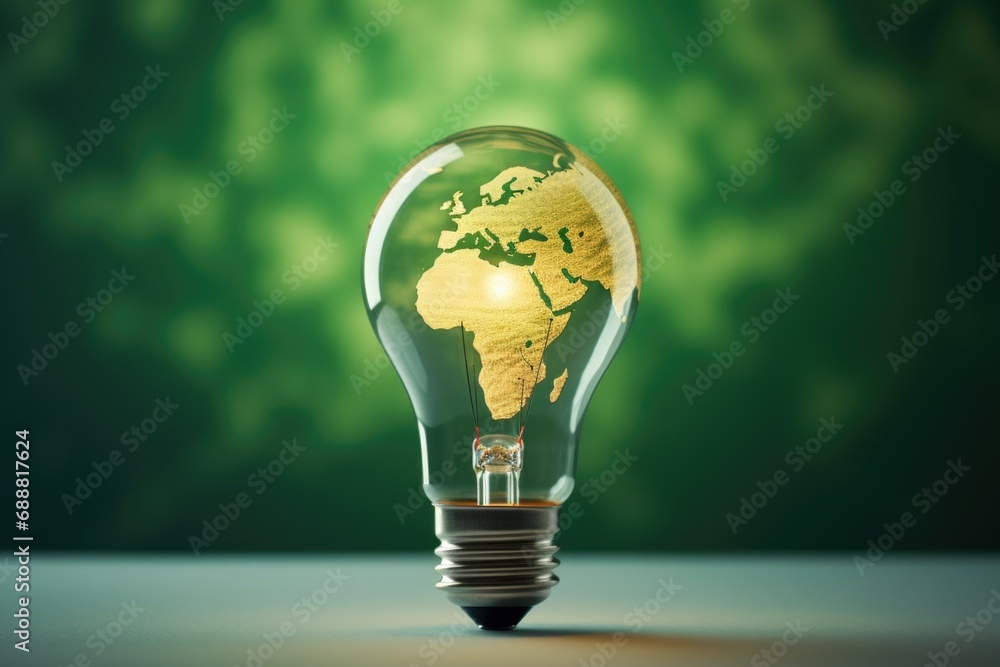 Poster A light bulb with a map of the world inside. Perfect for illustrating global ideas and concepts