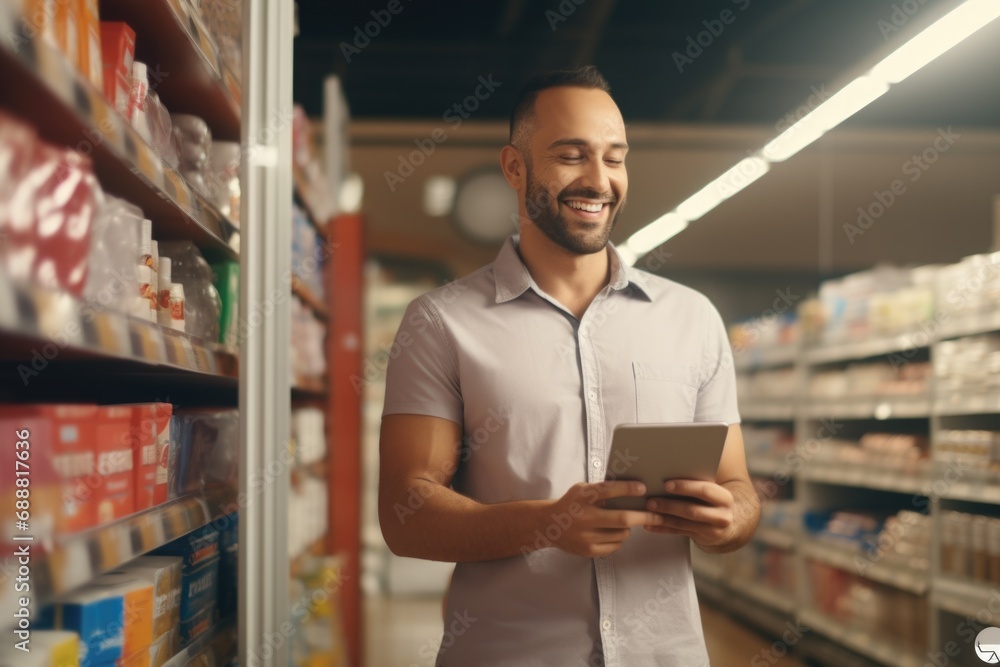 Poster a man standing in a store holding a tablet. ideal for showcasing technology in a retail setting