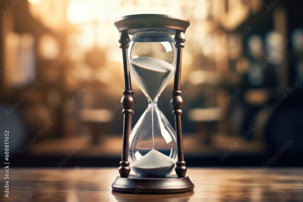 Poster an hourglass sitting on top of a wooden table. perfect for time management and productivity concepts