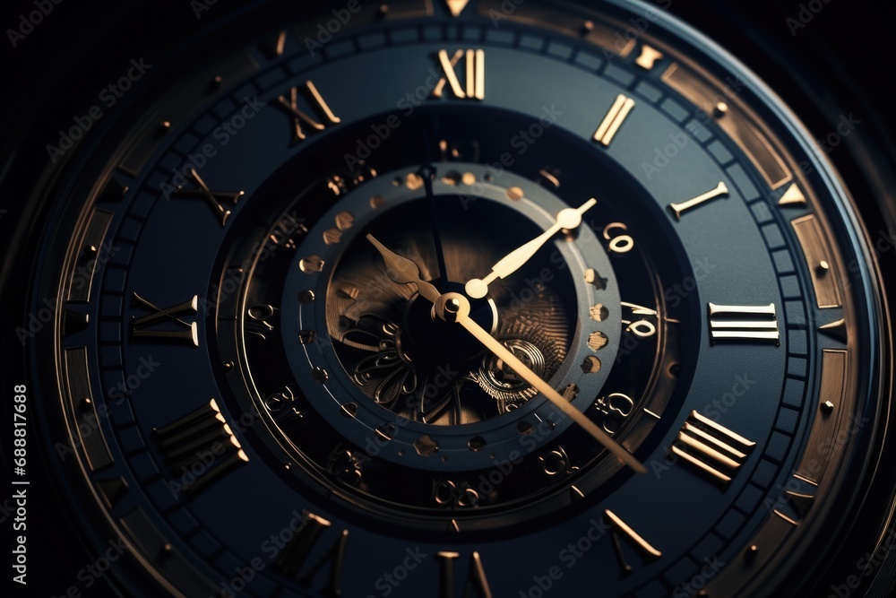 Poster A detailed close up of a clock featuring roman numerals. Perfect for illustrating time management or punctuality concepts