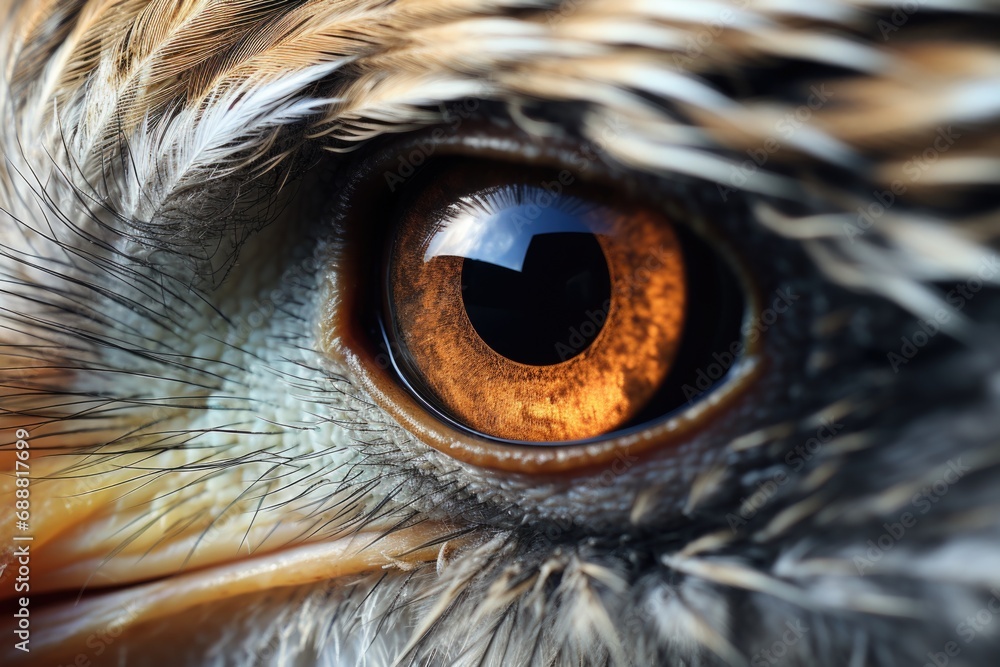Poster A detailed close-up of a bird of prey's eye. This image captures the intricate patterns and vibrant colors of the eye. Perfect for nature enthusiasts and bird lovers