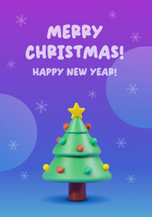 Christmas greeting card. Christmas tree 3d cartoon illustration and snowflakes. Modern blue background. Festive winter banner. Happy New Year. 3d style.
