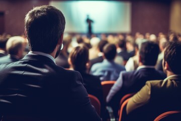 A man in a suit seated in front of a large gathering of people. Suitable for business, leadership, and public speaking concepts