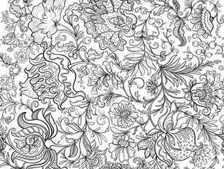 Fantasy flowers in retro, vintage, jacobean embroidery style. Seamless pattern, background. Outline, vector illustration.