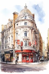 Watercolor of the West End theatre district in London, white background. AI generate