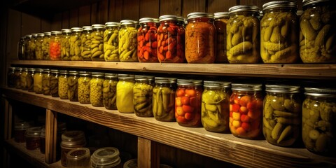 Pickling, Canning Vegetables, Many Glass Jars with Domestic Pickles in Basement, Canned Vegetables