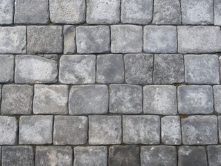 Obraz premium Grey Old Stone Pavement Top View, Granite Cobblestone Road, Green Moss, Wet Surface