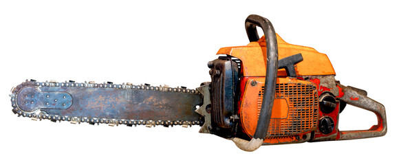 Old dirty chainsaw with an internal combustion engine on an isolated background. - obrazy, fototapety, plakaty