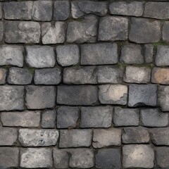 Obraz premium Grey Old Stone Pavement Top View, Granite Cobblestone Road, Green Moss, Wet Surface
