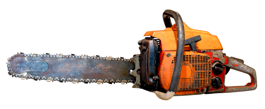 Old dirty chainsaw with an internal combustion engine on an isolated background.
