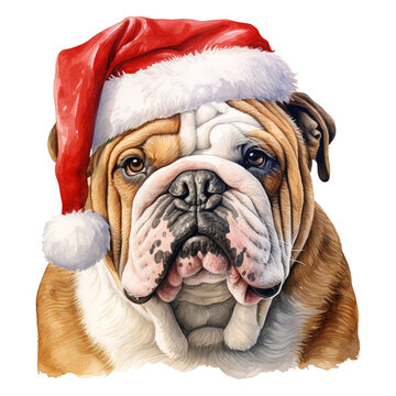 Bulldog Wearing a Santa Hat. AI generated image