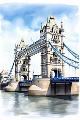 Fototapeta na wymiar Watercolor of Tower Bridge in London, white background. AI generate illustration