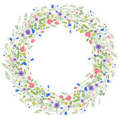 Flower wreath. Wild flowers and decorative herbs on a white background. Floral pattern. Vector illustration. Template for congratulations, invitations, wedding decor. Vintage