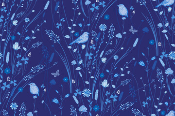 Wildflowers, decorative grasses and cute birds. Delicate Navy blue background.