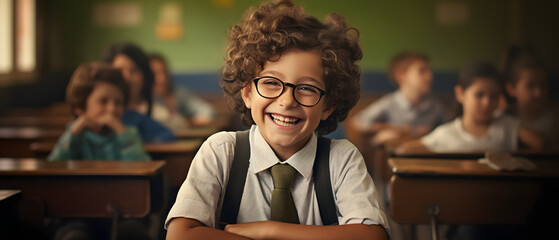 boy smiling and looking at camera happy on his first day of school - obrazy, fototapety, plakaty