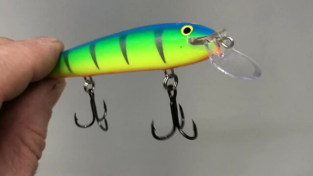lure for catching pike, handmade wobbler with large treble hooks in hand, close-up