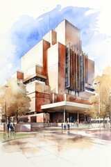 Watercolor of the British Library in London, white background. AI generate illustration