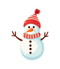Snowman with a scarf, gloves and hat isolated in a white background in cartoon watercolor style. Flat design. Vector illustration.