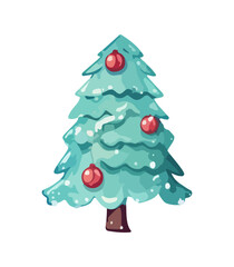 Vector illustration of decorated Christmas tree in snow on white background. Green fluffy xmas pine, isolated on white background. Cute Christmas tree in cartoon watercolor style.