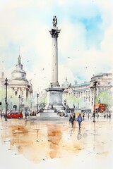 Watercolor sketch of Trafalgar Square in London, white background. AI generate - obrazy, fototapety, plakaty