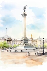 Fototapeta na wymiar Watercolor sketch of Trafalgar Square in London, white background. AI generate