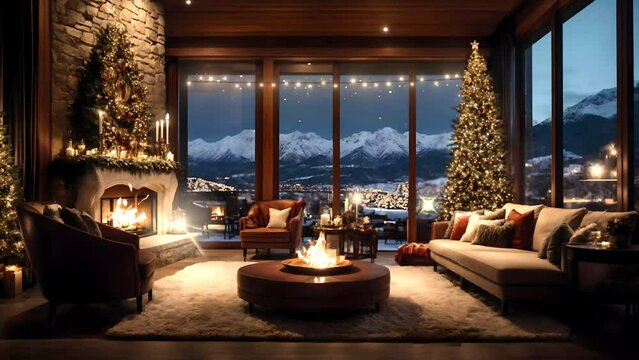Christmas evening in a magical snowy mountain setting, at a luxury mansion in Aspen, Colorado. 3D Visualization. Loop
