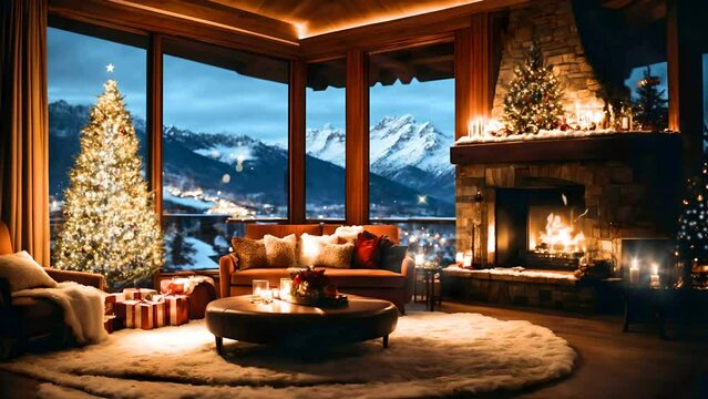 Dreamy Christmas Eve in a luxury mansion in Aspen, Colorado. 3D visualization. Loop