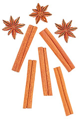 Cinnamon sticks spice and anise stars isolated on a white background, top view.