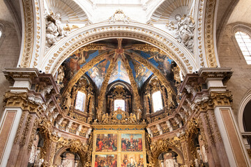 Fototapeta na wymiar Valencia, Spain -September 25th, 2023: Cathedral of the Assumption (Saint Mary's Cathedral) is a Roman Catholic parish church. Medieval interior architecture. Decorated ceiling in Valencia cathedral.