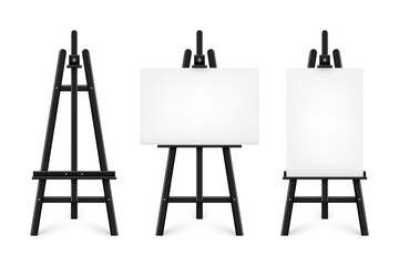 Realistic paint desk with blank white canvas. Black wooden easel and a sheet of drawing paper. Presentation board on a tripod. Artwork mockup, template. Vector illustration - obrazy, fototapety, plakaty