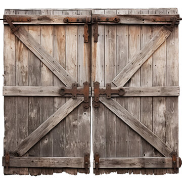 Rustic Barn Door With Iron Hinges. A Rustic Barn Door With Weathered Wood and Iron Hinges Isolated to Evoke Rural Charm and Simplicity.. Cutout PNG.