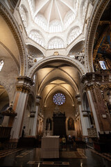 Valencia, Spain -September 25th, 2023: Cathedral of the Assumption (Saint Mary's Cathedral) is a Roman Catholic parish church. Medieval interior architecture. Decorated ceiling in Valencia cathedral.