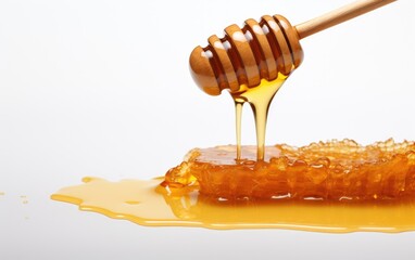 Honey dripping from wood dipper on white background., white background