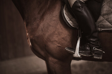 Stirrup and leg of a horse rider. Equestrian theme.