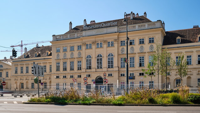 Museumsquartier building exterior in Austria capital, during day. Vienna, Austria - September 26, 2023.