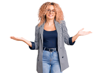 Young blonde woman with curly hair wearing business jacket and glasses smiling showing both hands open palms, presenting and advertising comparison and balance