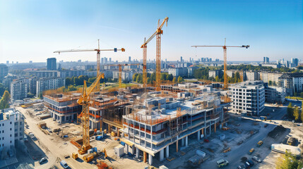 Top view of building construction  site with cranes and industrial machines 