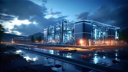 Exterior of Futuristic power station with shiny pipes, lights, reflections at night