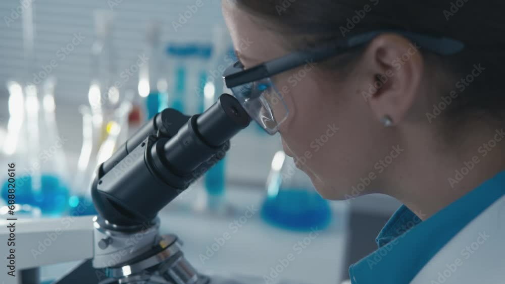 Poster University scientist studies genetic mechanisms, discovering and using new opportunities in field genetic engineering and therapy. Medical worker, chemist, pharmacist, biologist looking in microscope