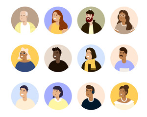 Modern circle avatars set. Characters faces, head portraits. Women and men heads in flat style. Vector illustration EPS10