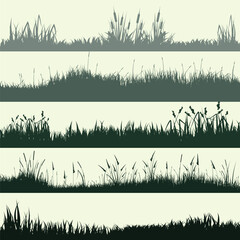 Meadow silhouettes with grass, plants on plain. Panoramic summer lawn landscape with herbs, various weeds. Herbal border, frame element. Green horizontal banners. Vector illustration