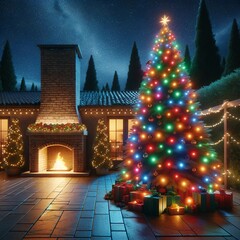 arbol de navidad gigante con chimenea fuera de la casa