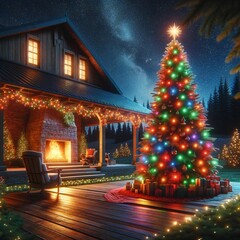 arbol de navidad con casa de fondo y una chimenea