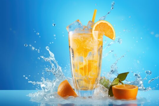orange lemonade in a glass with ice and splash on a blue background