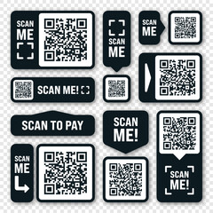 Scan me QR code sticker. Online payment. Special offer sale stickers, shopping discount label or promotional badge. Serial number, product ID. Supermarket retail label, price tag. Vector illustration