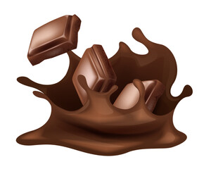 Chocolate. Pieces, shavings. 3D realistic vector set, horizontal and vertical splash of chocolate