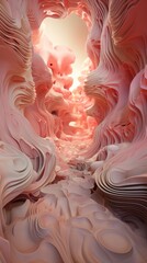 Abstract carved canyon walls in soft pink hues, with flowing lines and curves creating a serene, otherworldly landscap