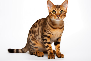 Full size portrait of Bengal cat isolated on white background